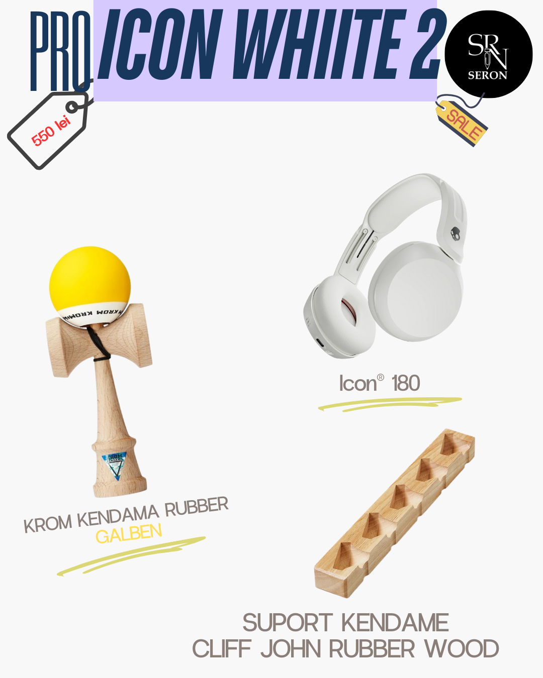 PRO ICON WHITE – Set Premium (Kendama KROM RUBBER + casti + suport kendame)